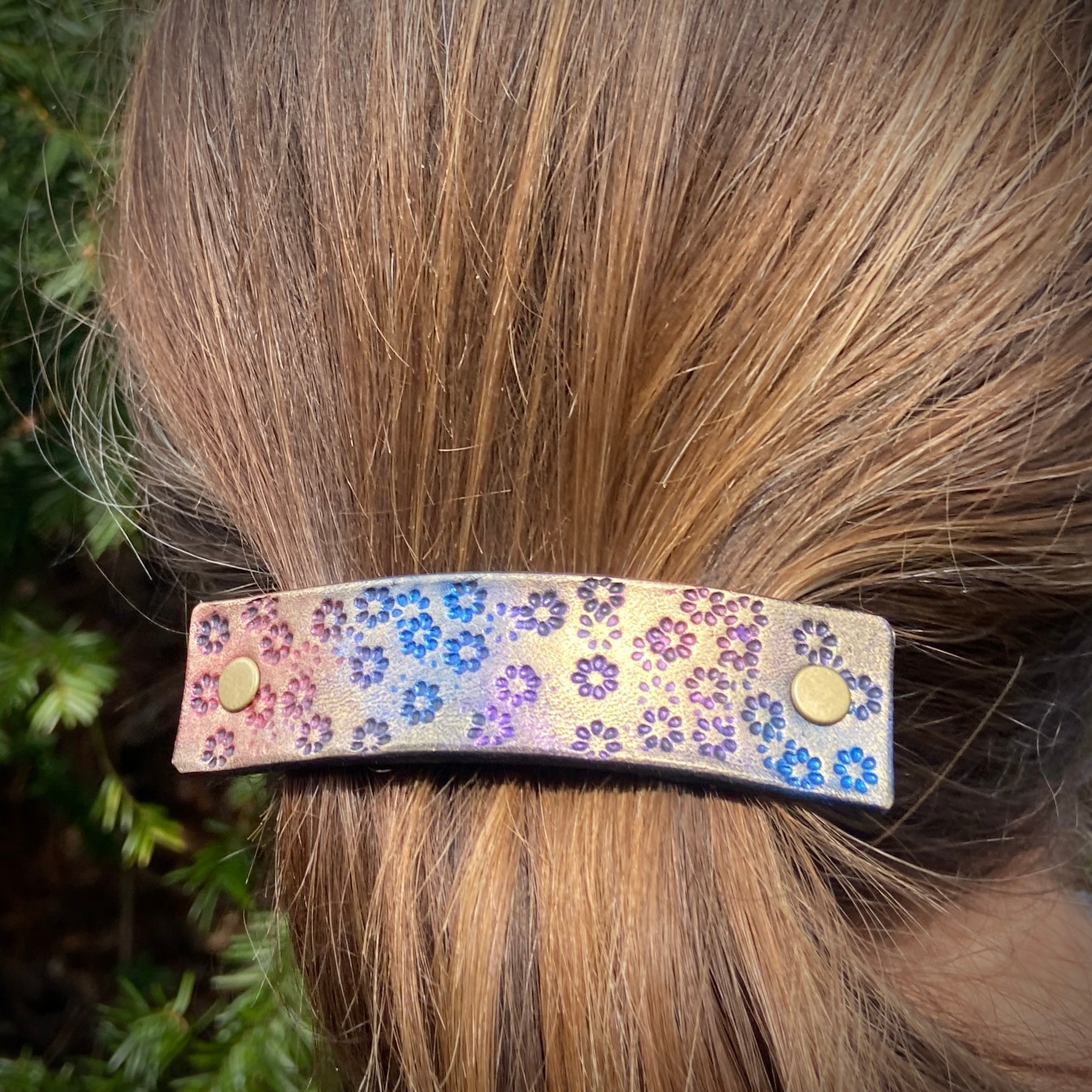 Wildflowers Rustic Stamped Leather Barrette Gold Pink Blue - Rosetta Creative Boutique